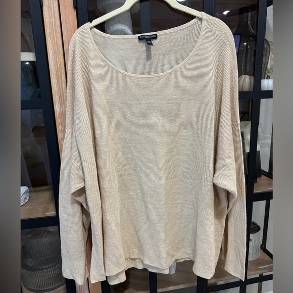 Eileen Fisher beige sweater organic linen top blouse textured long sleeve plus - Picture 1 of 9